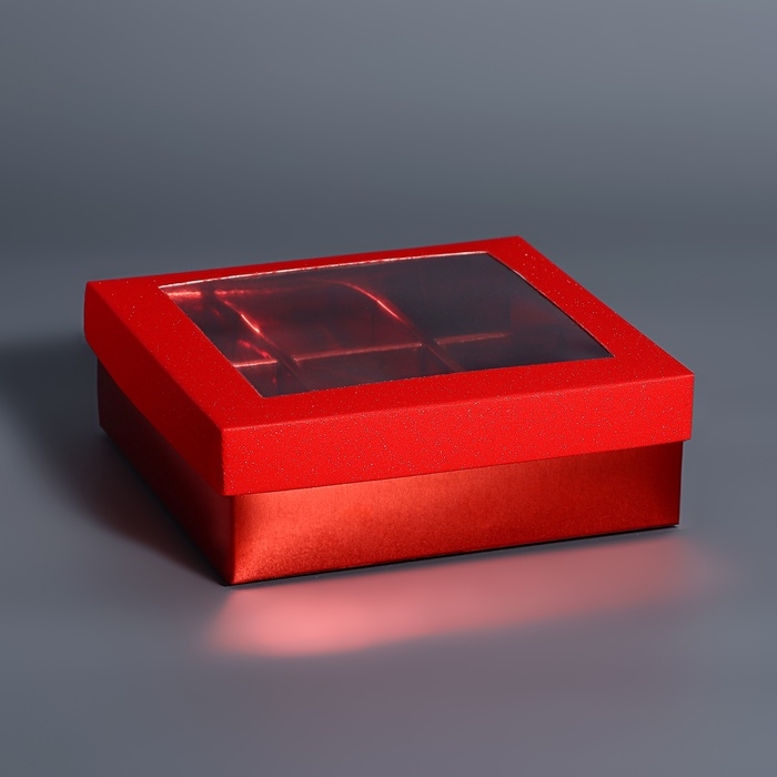 Коробка для 9 конфет красный глиттер, 12,5 х 12,5 х 4 см. Кондитерская упаковка Коробка для 9 конфет красный глиттер, 12,5 х 12,5 х 4 см. Кондитерская упаковка