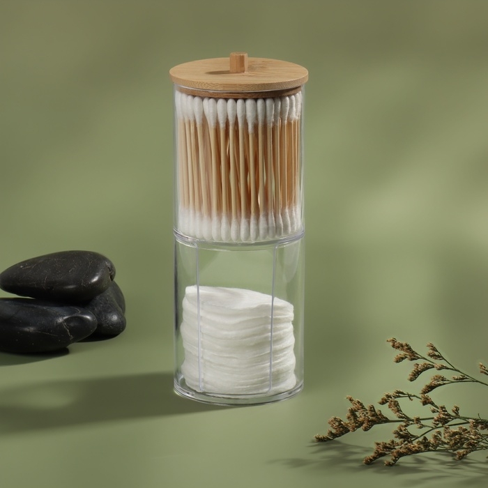 Органайзер для ватных палочек и дисков «BAMBOO», с крышкой, 2 съёмные секции, 7 × 18,5 см, в картонной коробке, цвет прозрачный