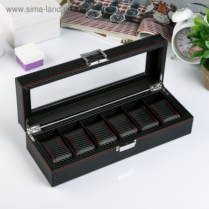Шкатулка кожзам под часы 6 отделений Шкатулка кожзам под часы 6 отделений "Карбон с красной строчкой" 8х33х12 см