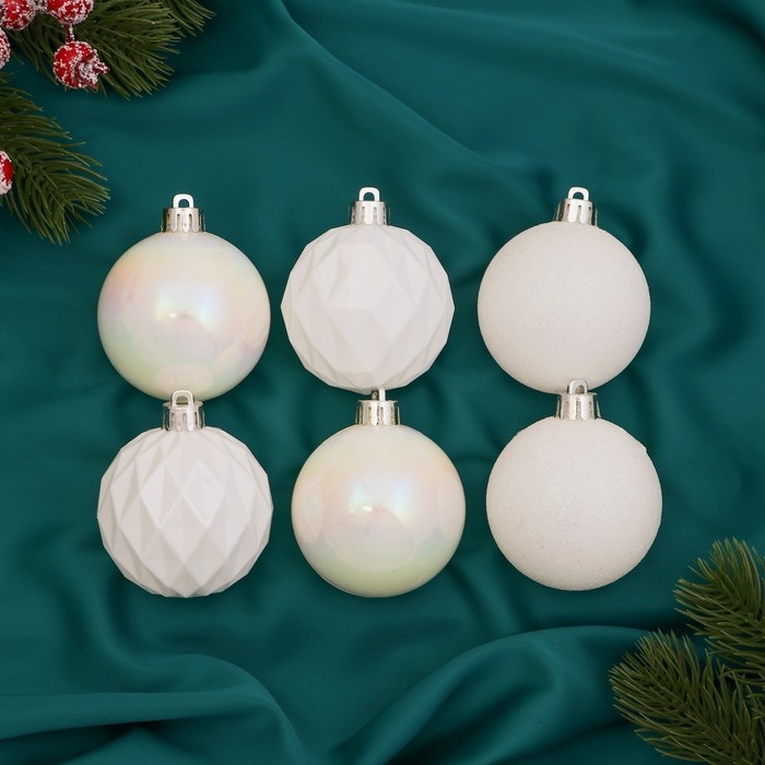 Ёлочные игрушки, шары новогодние , пластик, набор d-6 см, 6 шт Ёлочные игрушки, шары новогодние , пластик, набор d-6 см, 6 шт "Перл" грани, белый