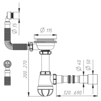 Сифон для мойки Aquant, 3 1/2" х 40 мм, круглый перелив, с гофрой 40х40/50 мм