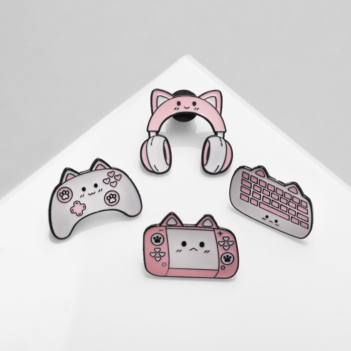 Набор значков (4 шт.) «Кото-гаджеты», цвет бело-розовый в чёрном металле Набор значков (4 шт.) «Кото-гаджеты», цвет бело-розовый в чёрном металле