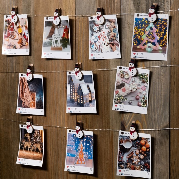 Гирлянда «Нить» 2 м роса с насадками «Прищепка-снеговик», IP20, серебристая нить, 20 LED, батарейки ААх2 (нет в комплекте), свечение тёплое белое