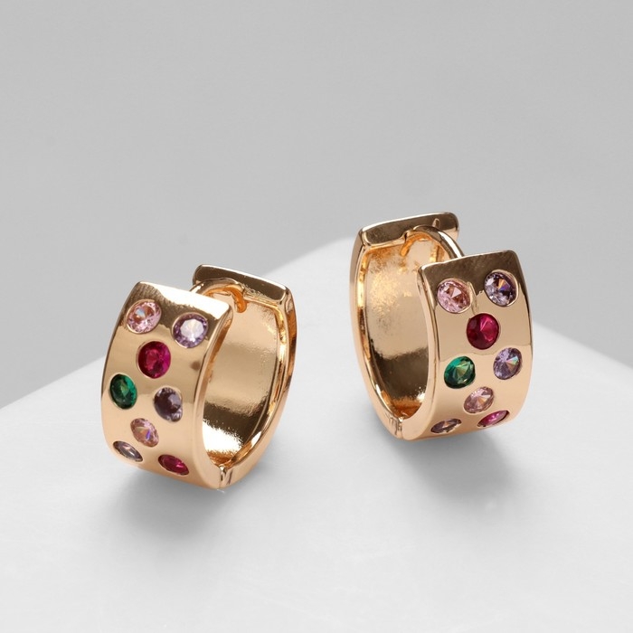 Серьги-кольца «Искра» широкие, яркие вставки, цветные в золоте Серьги-кольца «Искра» широкие, яркие вставки, цветные в золоте