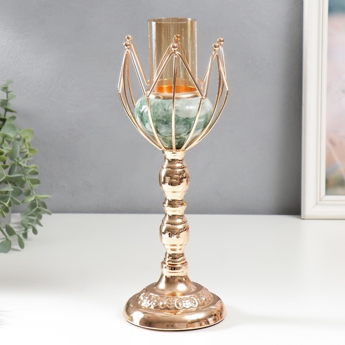 Подсвечник металл на 1 свечу Подсвечник металл на 1 свечу "Бутон. Бело-зелёный мрамор" золото 29х11х11 см