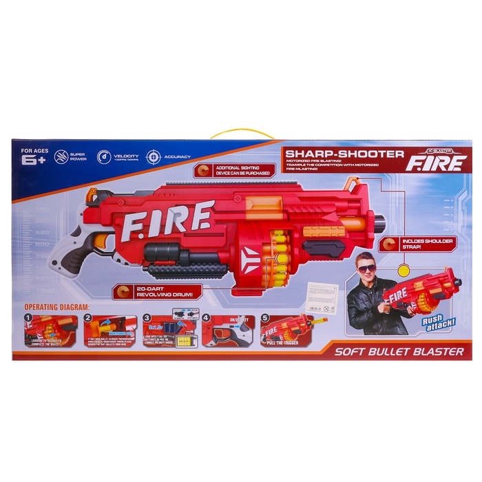 Бластер «Огненный», стреляет мягкими пулями, работает на батарейках Бластер «Огненный», стреляет мягкими пулями, работает на батарейках