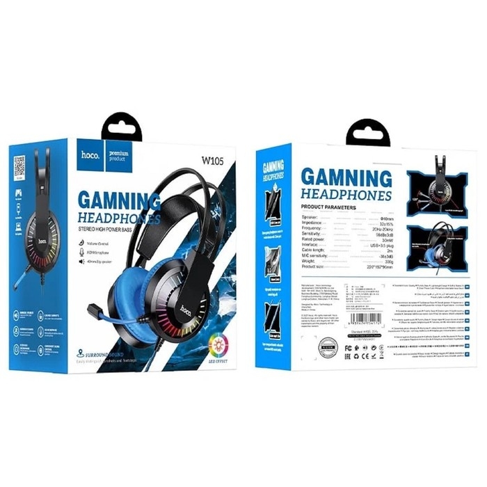 Наушники Hoco W105, игровые, накладные, микрофон, USB + 3.5 мм, 2 м, синие Наушники Hoco W105, игровые, накладные, микрофон, USB + 3.5 мм, 2 м, синие