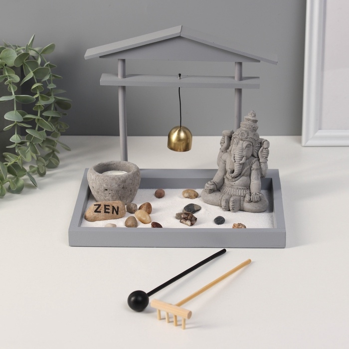 Сад Дзен  Сад Дзен "Ганеша у храма" серый, песок+камни+аромапалочка+колокол 16х22х18,5 см