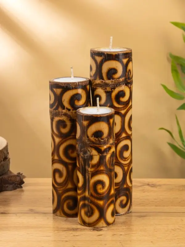 Свеча в бамбуке тройная, 14×13×30 см, 100 мл, коричневая