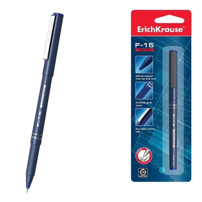Ручка капиллярная Erich Krause F-15, узел 0.6 мм, чернила синие, длина линии письма 400 метров, в блистере Ручка капиллярная Erich Krause F-15, узел 0.6 мм, чернила синие, длина линии письма 400 метров, в блистере