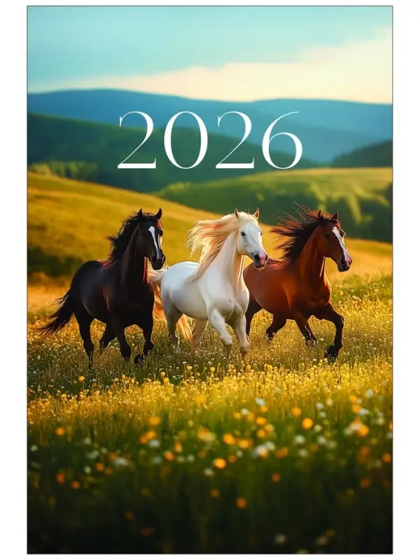Календарь 2026 перекидной на ригеле А3 «Тройка лошадей» Календарь 2026 перекидной на ригеле А3 «Тройка лошадей»