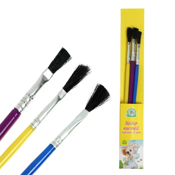 Набор кистей для рисования, нейлон, 3 штуки, плоские, пластиковые цветные ручки, международный размер