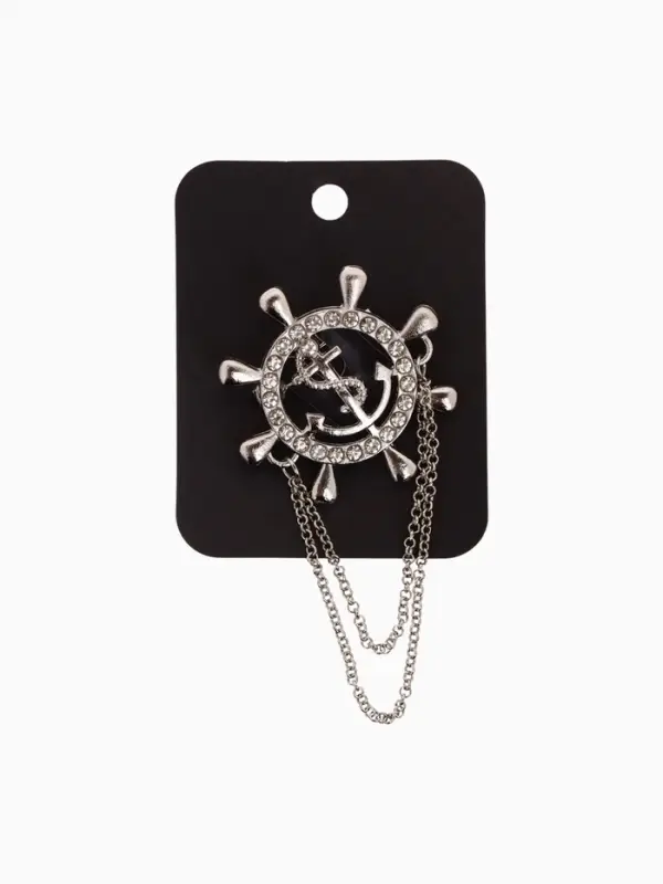 Брошь &laquo;Штурвал и якорь с цепочкой&raquo;, белая в серебре