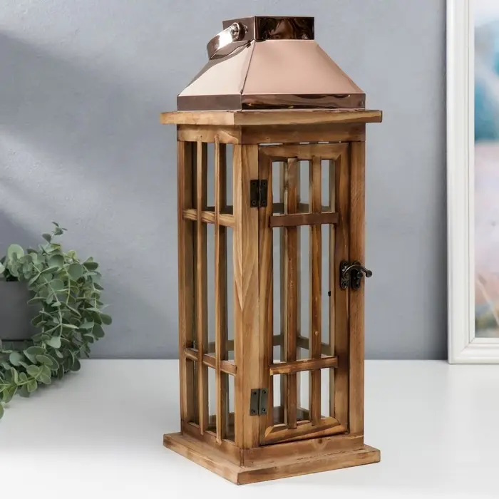 Деревянный подсвечник - фонарь на 1 свечу &laquo;Витраж&raquo;, корица и медь набор 2 шт. 41.5&times;15.5&times;15.5, 58&times;22&times;22 см