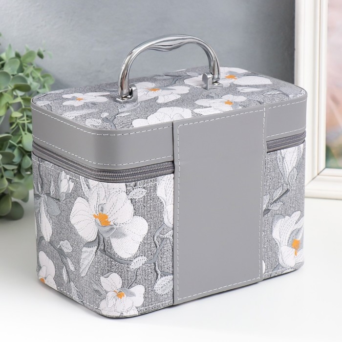 Шкатулка кожзам с зеркалом  Шкатулка кожзам с зеркалом "Цветы. Серый" набор 3 шт 18х10х12,5 21х13х15,5 23х15х18,5 см