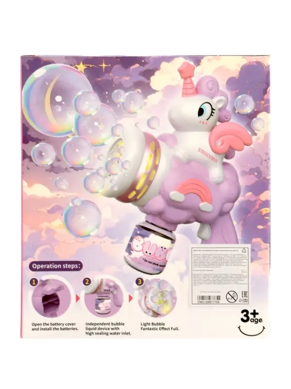 Генератор мыльных пузырей "Единорог на облачке", световые эффекты, работает от батареек