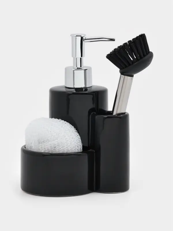 Дозатор для моющего средства Доляна &laquo;Милитари&raquo;, 370 мл, с губкой и щёткой, чёрный