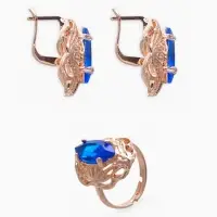 Гарнитур 3 предмета: серьги, кулон, кольцо безразмерное &laquo;Эдель&raquo;, ажурный овал, син в золоте, 45 см