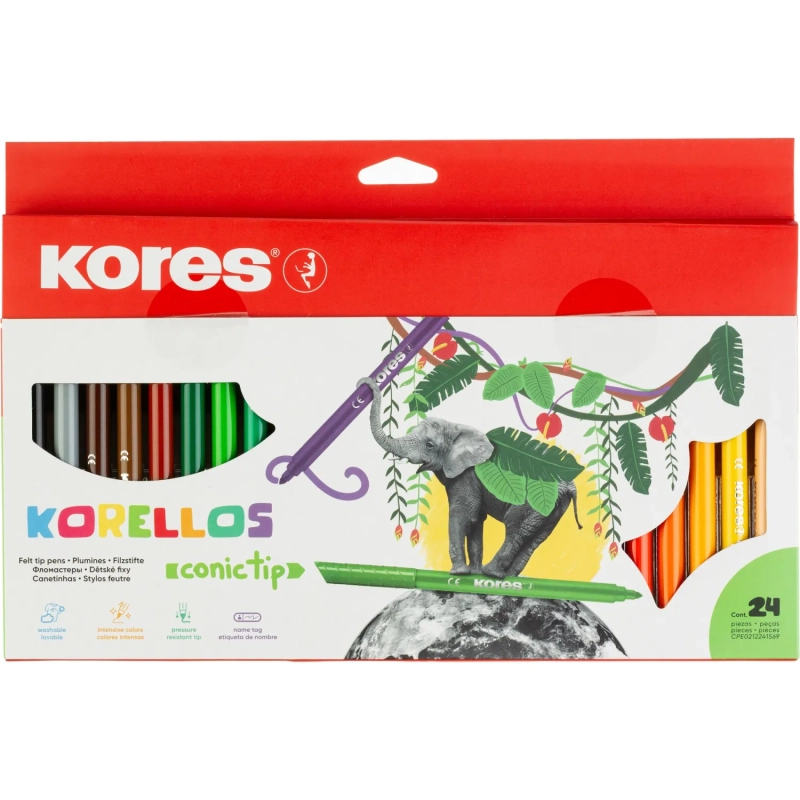 Фломастеры KORELLOS Kores 24цв.,европодвес, в комплекте со стикерами,29044