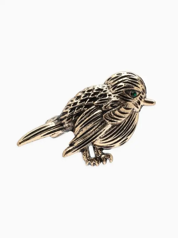 Брошь &laquo;Птица воробушек&raquo;, зелёная в чернёном золоте