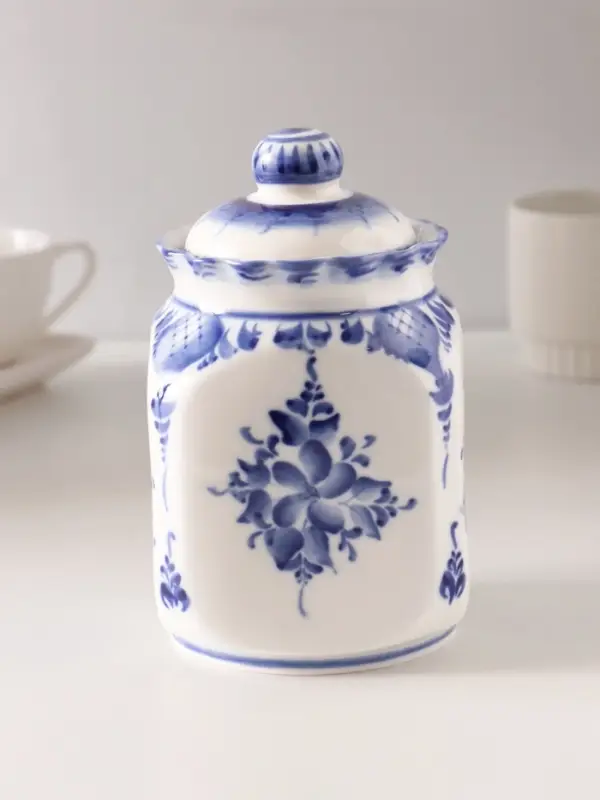 Банка для хранения сыпучих продуктов &laquo;Каскад&raquo;, 16.5 см, 0.95 л, автор Шибаев С., фарфор гжель