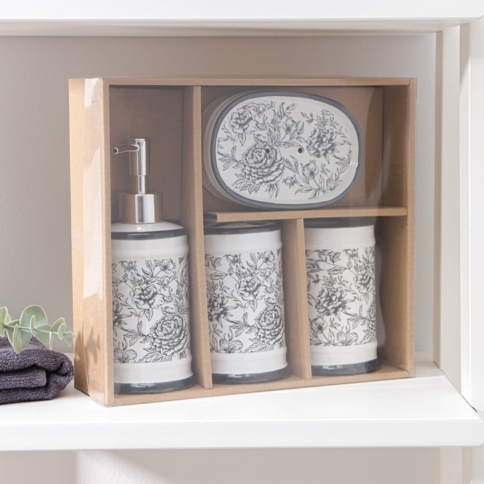 Набор аксессуаров для ванной комнаты «Пионы», 4 предмета (дозатор 300 мл, мыльница, 2 стакана), цвет МИКС Набор аксессуаров для ванной комнаты «Пионы», 4 предмета (дозатор 300 мл, мыльница, 2 стакана), цвет МИКС