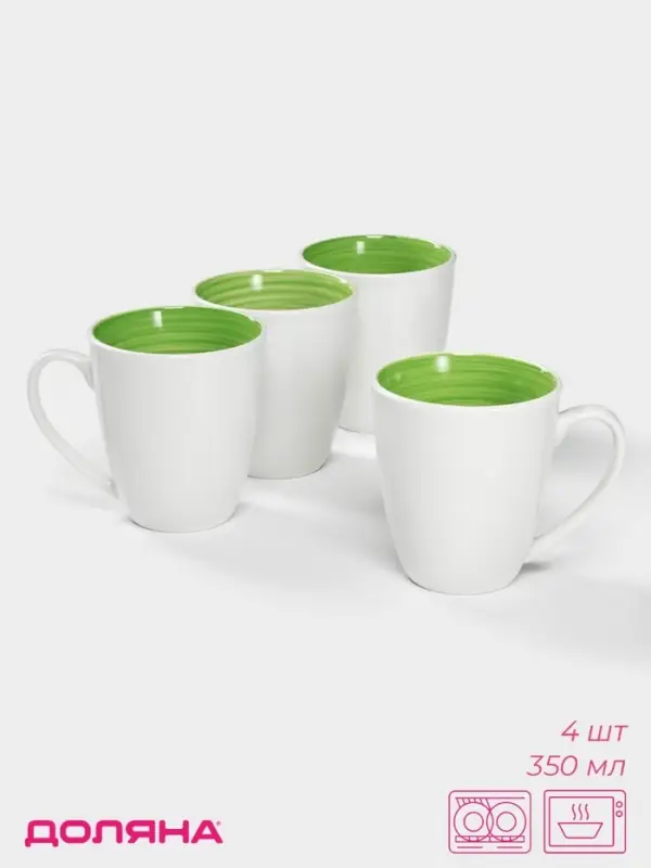 Кружки Доляна &laquo;Палитра&raquo;, 350 мл, набор 4 шт., фарфор, белые, зелёные
