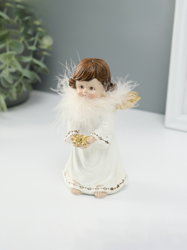 Сувенир полистоун "Ангелочек со звёздами в ладонях" пух, золотые крылья 8,5х7х13 см