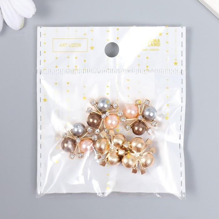 Декор для творчества металл Декор для творчества металл "3 жемчужины со стразами" серебристо-персик. набор 5 шт 2х2 см