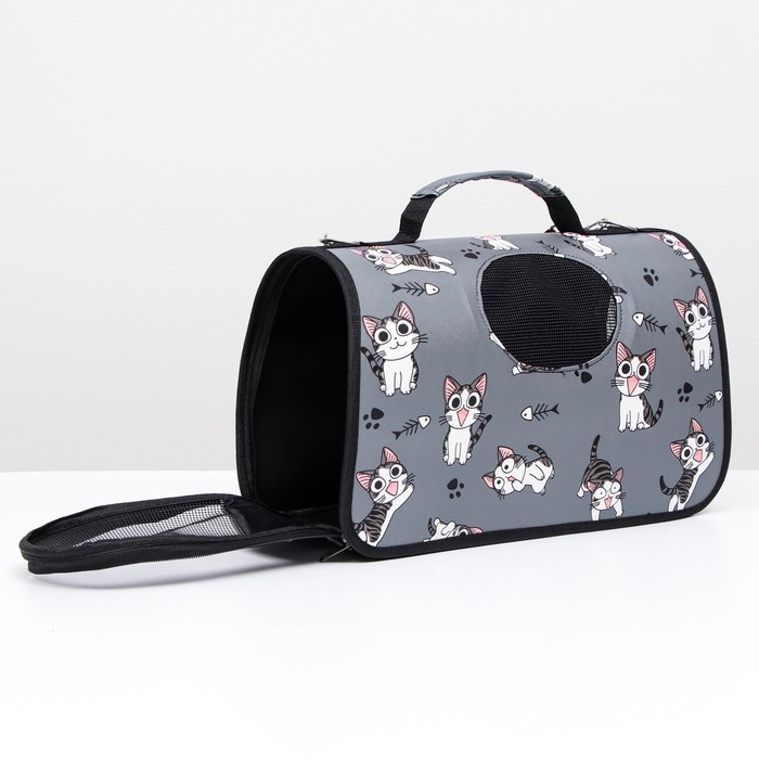 Сумка-переноска каркасная  Сумка-переноска каркасная "Играющие котики", размер S, 37,5 х 17 х 22 см, серая