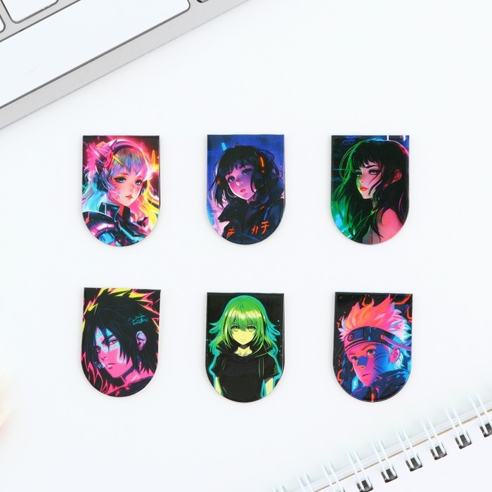 Закладки магнитные для книг, 6 шт «Неоновое аниме»