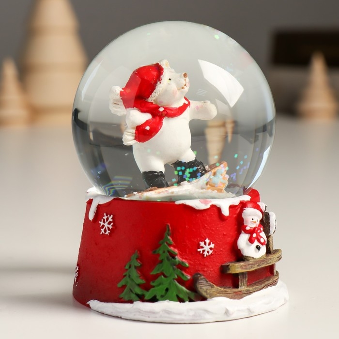 Сувенир полистоун водяной шар Сувенир полистоун водяной шар "Белый мишка на сноуборде" 7х8х9 см