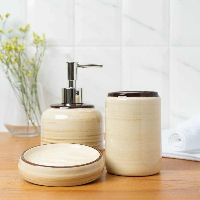 Набор аксессуаров для ванной комнаты «Жаклин», 3 предмета (мыльница, дозатор для мыла, стакан), цвет бежевый Набор аксессуаров для ванной комнаты «Жаклин», 3 предмета (мыльница, дозатор для мыла, стакан), цвет бежевый