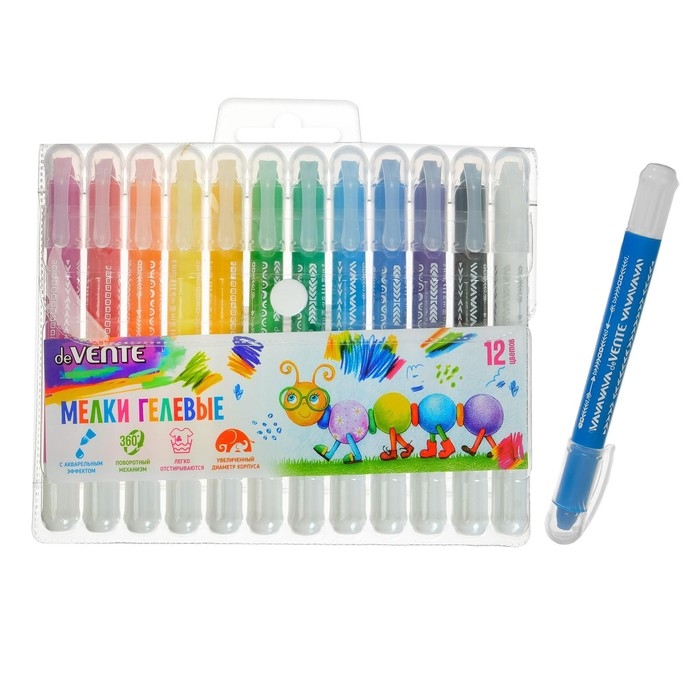 Мелки гелевые 12 цветов deVENTE, супермягкие, с акварельным эффектом, пластиковый корпус с поворотным механизмом, в блистере Мелки гелевые 12 цветов deVENTE, супермягкие, с акварельным эффектом, пластиковый корпус с поворотным механизмом, в блистере