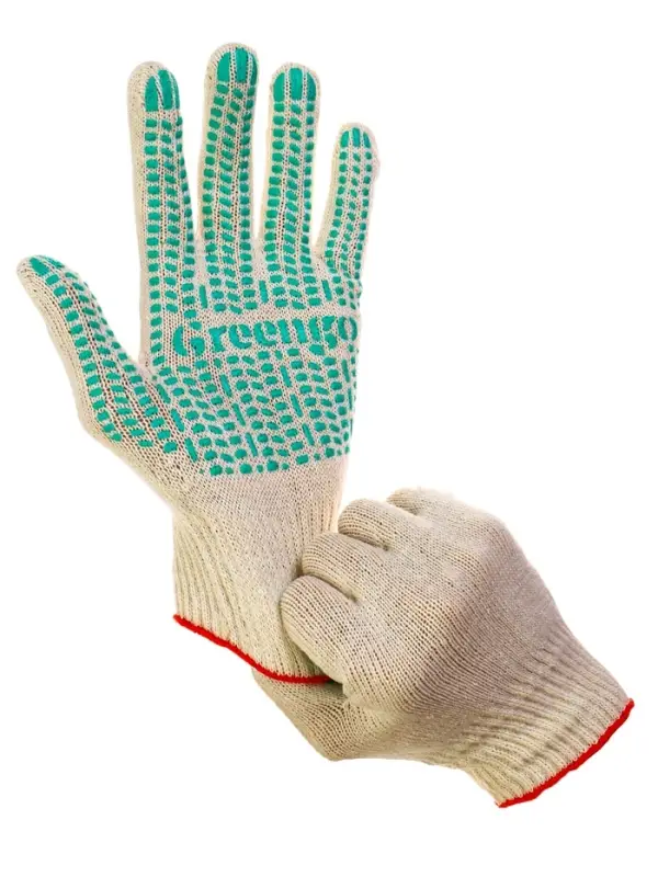 Перчатки садовые, хб, вязка 10 класс, 4 нити, размер 9, с ПВХ точками, белые, Greengo