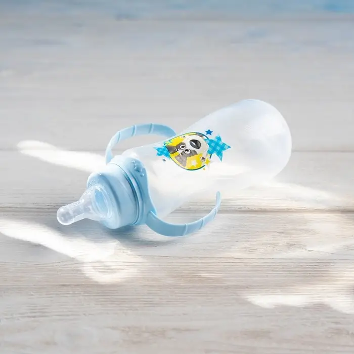 Бутылочка для кормления «Собачка Джекки», классическое горло, приталенная, с ручками, 250 мл., от 3 мес., цвет голубой