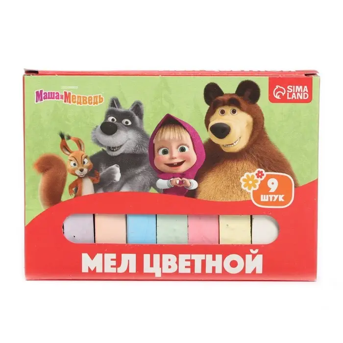 Мелки цветные школьные, набор 9 шт. «Маша и медведь», прямоугольные Мелки цветные школьные, набор 9 шт. «Маша и медведь», прямоугольные