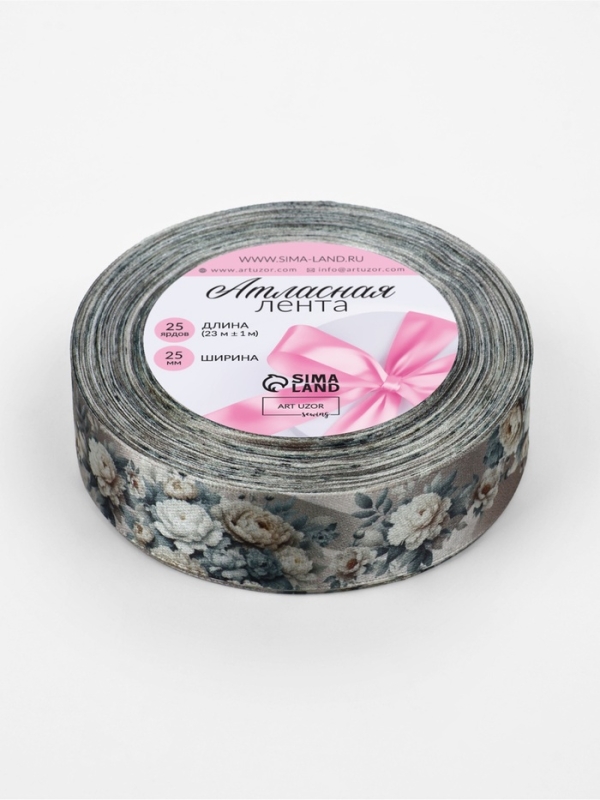 Лента атласная 25мм*25±1ярд(23м±1м) пастельные пионы АУ Лента атласная 25мм*25±1ярд(23м±1м) пастельные пионы АУ