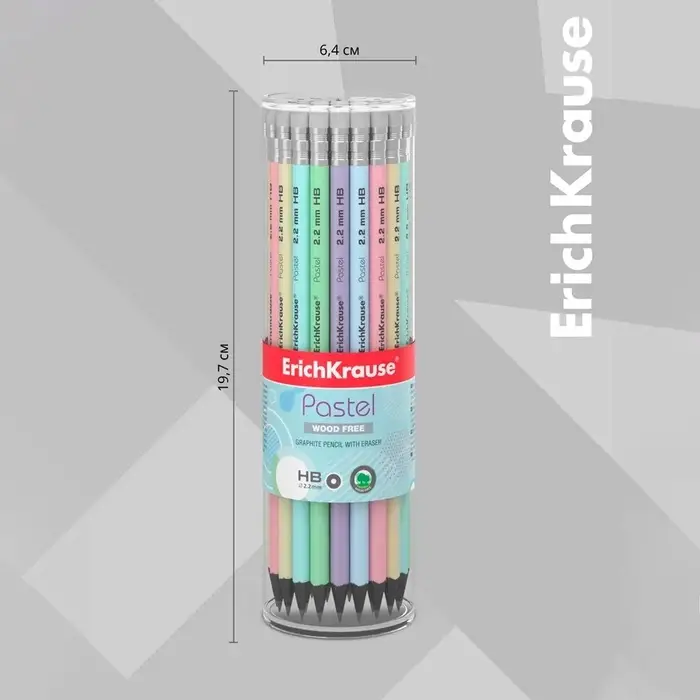Карандаш чернографитный с ластиком ErichKrause Pastel, HB, круглый в тубусе, МИКС