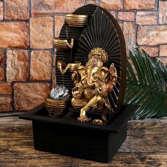 Фонтан настольный от сети, подсветка Фонтан настольный от сети, подсветка "Золотой Ганеша у водопада с чашами" 35х25х20 см