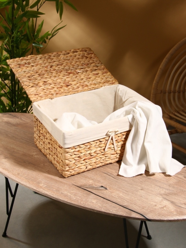 Корзинка прямоугольная с крышкой и тканевым подкладом, 44х30х20 см, водный гиацинт