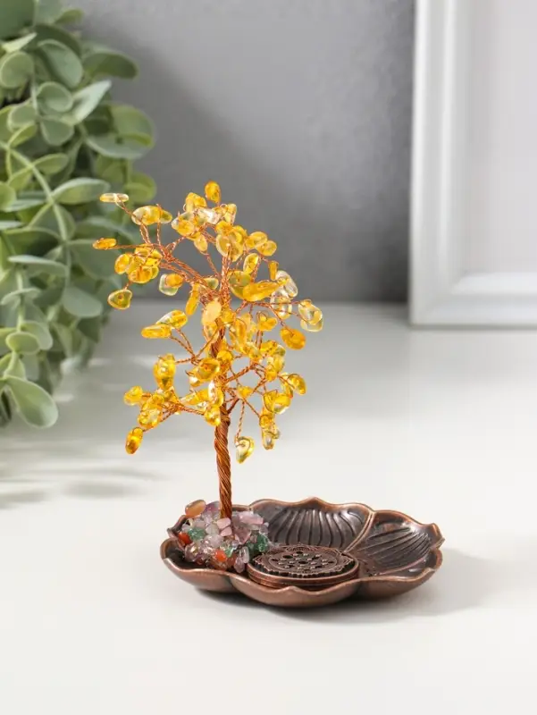 Подставка под благовония "Дерево на цветке" жёлтый 72 камня 9х9х13,5 см