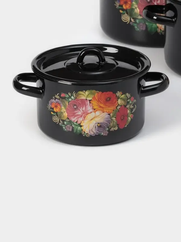 Набор кастрюль эмалированных &laquo;Жостово&raquo;, 3 шт.: 1.5 л, 2.9 л, 4.5 л, чёрный