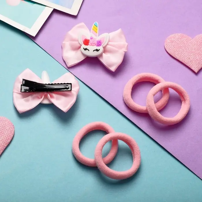 Набор для волос Набор для волос "София" (4 резинки, 2 зажима) бантик единорожки, розовый