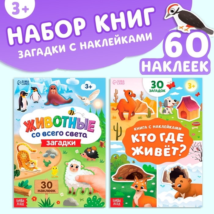 Набор книг с наклейками-загадками, 2 шт., 60 наклеек, 3+ Набор книг с наклейками-загадками, 2 шт., 60 наклеек, 3+