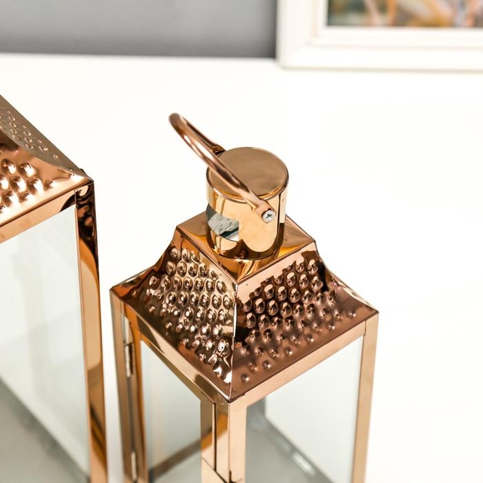 Подсвечник металл, стекло фонарь  Подсвечник металл, стекло фонарь "Точки" медь н-р 3 шт 55х18х18 37,5х14,5х14,5 26х10х10 см