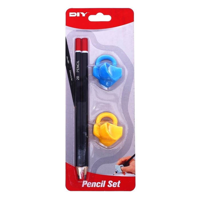 Набор канцелярский, 2 чернографитных карандаша, 2 насадки-тренажера для исправления техники письма, МИКС Набор канцелярский, 2 чернографитных карандаша, 2 насадки-тренажера для исправления техники письма, МИКС