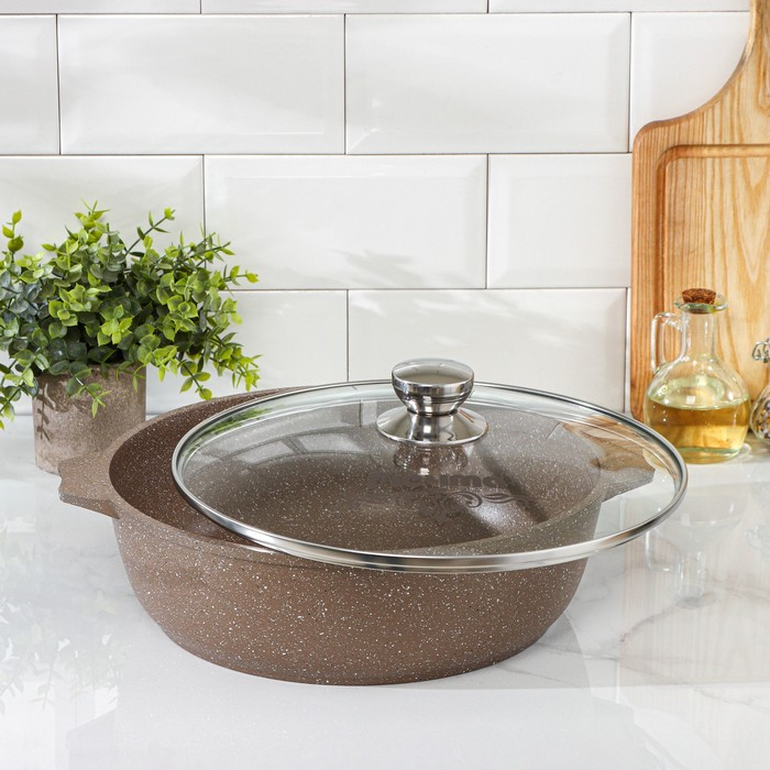 Жаровня «Гранит Brown», 5 л, h=9 см, стеклянная крышка, антипригарное покрытие, цвет коричневый Жаровня «Гранит Brown», 5 л, h=9 см, стеклянная крышка, антипригарное покрытие, цвет коричневый