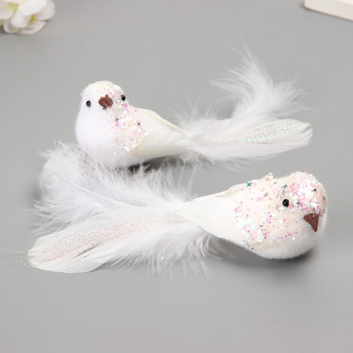 Пушистики на прищепке набор 2 шт Пушистики на прищепке набор 2 шт "Голубки с блестками и длинным хвостом" белые 5х6х15 см