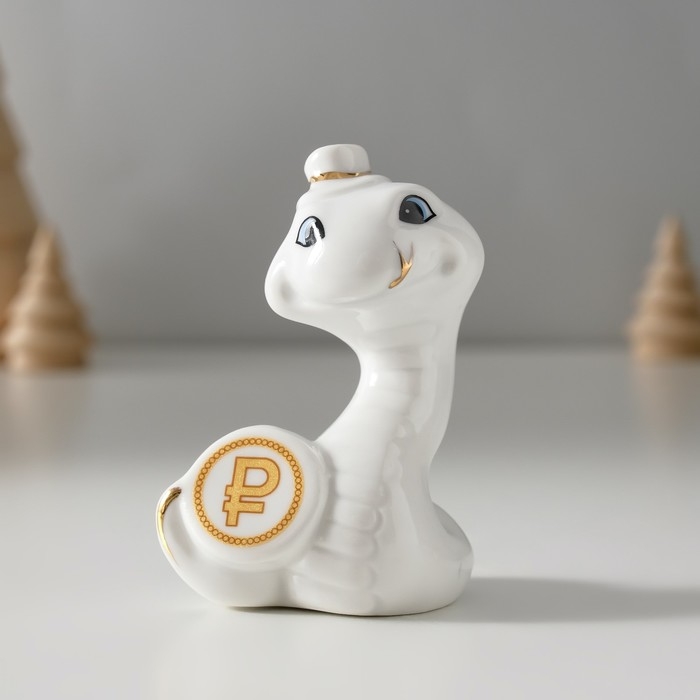 Сувенир керамика Сувенир керамика "Белая змейка в шляпе, с монетой" с золотом 4х6х8,5 см